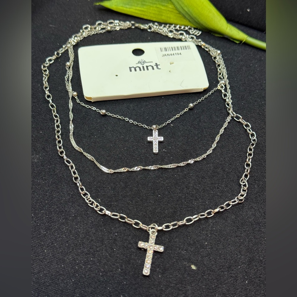Mint Multi Chain Silver Tone Cross Charm Necklace 14-16 inch approx